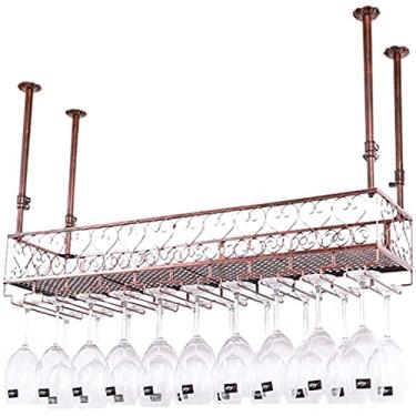 Imagem de Prateleira de parede de metal marrom para bar | Suporte de garrafa de vinho para pendurar na parede com altura ajustável | Suporte de copo de vinho de teto suspenso | Suportes para copos de vinho