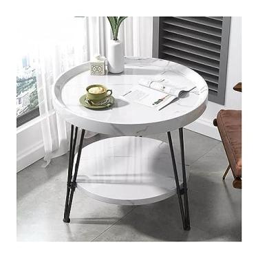 Imagem de Mesa lateral redonda para sofá, mesa de cabeceira pequena, mesa de cabeceira para ambientes internos e externos, bandeja de madeira com suporte de metal para sala de estar, quarto, escritório, espaços