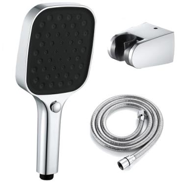 Imagem de UWEREBFM Chuveiro portátil, cabeça de chuveiro ABS de 3 funções, conjunto de chuveiro de alta pressão com mangueira de chuveiro de aço inoxidável, cromado + branco