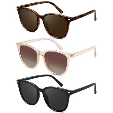 Imagem de YMRFW Óculos de sol retrô polarizados com armação grande para mulheres e homens, estilo vintage, óculos de sol com lentes de proteção UV400, Pacote com 3 (preto/cinza + marrom claro/marrom gradiente +