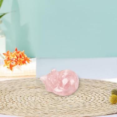 Imagem de Gato adormecido esculpido de 3,8 cm estátua de gatinho rosa com cristais de quartzo rosa, presentes de pedra da sorte, decoração de mesa para casa, escritório, quarto, quarto
