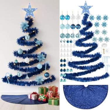 Imagem de HyDren 91 peças de árvore de Natal DIY para pendurar na parede com luzes, inclui guirlanda de Natal de 1,8 m, enfeite de bola, cana-de-doce, purpurina, flores de poinsétia para decoração de casa (azul