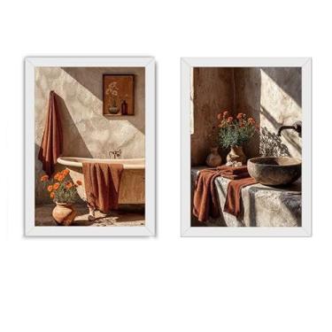 Imagem de Kit 2 quadros 18x24 banheiro, lavabo, vintage flor terracota- Decoração Vintage para Banheiro, Lavabo e Varanda(Branca)