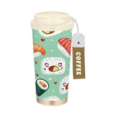 Imagem de Blueangle Caneca de café com isolamento térmico Sushi Kawaii - Copo de aço inoxidável à prova de derramamento e vazamento para acampamento e ar livre, garrafa de água reutilizável de 500 ml com tampa