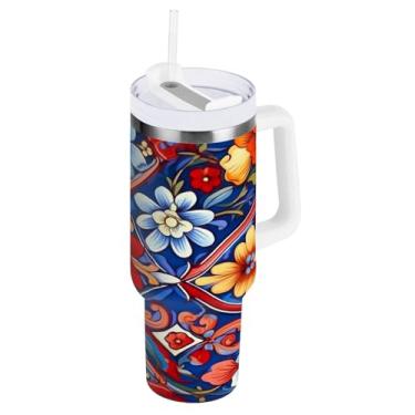 Imagem de Blueangle Copo isolado de 1,134 g com alça e tampa de canudo - Caneca de viagem de aço inoxidável à prova de vazamento, garrafa de água de cerâmica mexicana a vácuo de parede dupla (593)