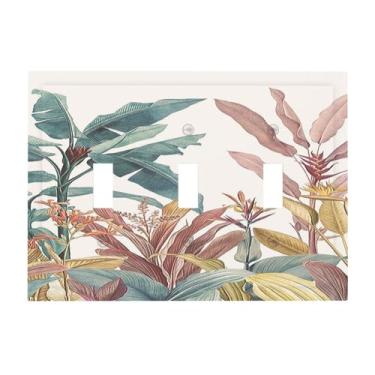 Imagem de Nadoabtm Placa decorativa para interruptor de luz, boho, vintage, folhas de palmeira tropical, placa de parede de 3 gangs, capa de interruptor de tomada elétrica tripla para decoração de quarto e