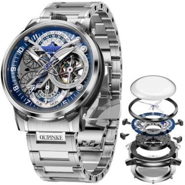 Imagem de OLEVS Relógios masculinos esqueleto automático mecânico automático relógio de luxo relógio masculino de aço inoxidável à prova d'água luminoso Wirstwatch presente para homens, 3278 - azul prateado