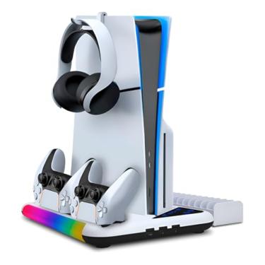 Imagem de Suporte PS5 com Cooler Duplo e Carregador de Controles – Compatível com PS5 – Base 3 em 1 com Ventilação e Organização Gamer (Branco)