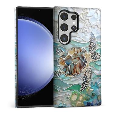Imagem de FKBRCL4U Capa para Samsung Galaxy S23 Ultra, capa híbrida de silicone brilhante de 2 camadas para meninas e mulheres para Samsung Galaxy S23 Ultra vitral padrão de arte de janela de tartaruga marinha