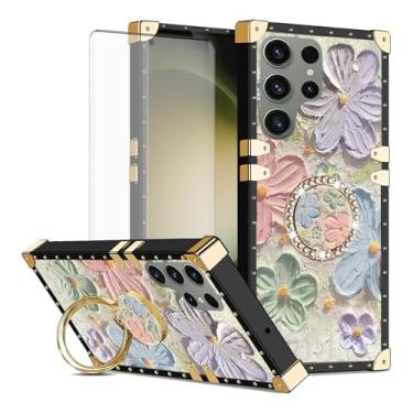 Imagem de Asuwish Capa de celular para Samsung Galaxy S23 Ultra 5G capa magnética com protetor de tela de vidro temperado e anel de flor de pintura suporte rígido S23Ultra 23S S 23 23Ultra 6,8 polegadas
