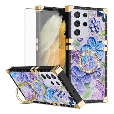 Imagem de Asuwish Capa de celular para Samsung Galaxy S21 Ultra 5G capa magnética com protetor de tela de vidro temperado e anel protetor de flor de pintura suporte rígido S21ultra 21S S 21 21ultra G5 feminino