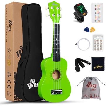 Imagem de Winzz Kit inicial de ukulele soprano para iniciantes com bolsa, afinador de encaixe, cordas extras, alça, palheta, adesivos de traste, cartão de acordes, pano de polimento, verde claro