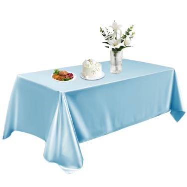 Imagem de Toalha de mesa de cetim 147 x 260 cm, toalha de mesa retangular lavável, toalha de mesa de tecido liso, decoração de mesa de seda brilhante para jantar, cozinha, festa, casamento, banquete, azul claro