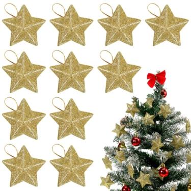 Imagem de CLISPEED 30 peças de mini enfeites de estrela com glitter dourado: pingentes decorativos reutilizáveis para pendurar em árvore de Natal para decoração de festa de escritório em casa
