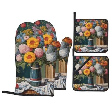 Imagem de Pintura de diamante de flores - Conjunto de luvas de cozinha estampadas com suportes de tampa, luvas de forno resistentes ao calor para manusear panelas quentes, grelhar, churrascos, kit de 4 peças.