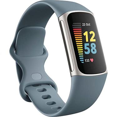 Imagem de Fitbit Rastreador avançado de saúde e fitness Charge 5 com GPS integrado, ferramentas de gerenciamento de estresse, monitoramento do sono, frequência cardíaca 24 horas por dia, 7 dias por semana, platina, azul mineral, tamanho único P e G bandas incluídas, azul aço