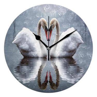 Imagem de BOESI Relógio de parede dois cisnes no lago, relógio de parede redondo silencioso, 25 cm, decoração de casa, para sala de estar, cozinha, quarto