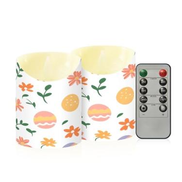 Imagem de Wassud Pacote com 2 velas sem chama com padrão de ovos de Páscoa com controle remoto, velas realistas cintilantes com temporizador, velas decorativas para Natal, casamento, festa, decoração de casa