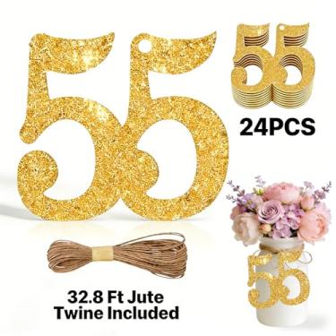 Imagem de ALISSAR 24 peças de etiquetas de ouro com 55 números com barbante de juta de 32,8 m – decorações de 55º aniversário, artigos de festa de 55º aniversário, peças centrais de pote de pedreiro, kit de