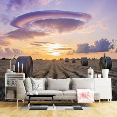 Imagem de Murais de parede de tamanho personalizado, paisagem rural pôr do sol com fardos de feno de campo dourado tecido de parede autoadesivo (sem PVC) papel de parede grande removível para sala de estar
