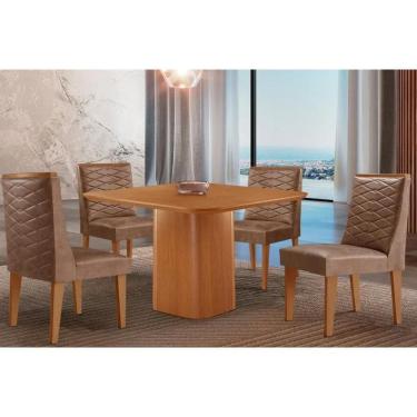 Imagem de Sala Jantar Mesa Maldivas Tampo Curvo 90cm+4 Cadeiras Dafne Madeira Naturale - Capuccino/Corano Capuccino - Rufato