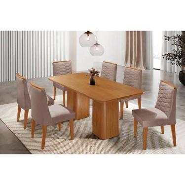 Imagem de Sala Jantar Mesa Maldivas Tampo Curvo 180cm+6 Cadeiras Maldivas Madeira Naturale - Capuccino/Linho Capuccino - Rufato