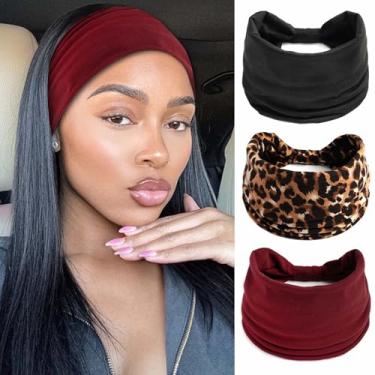 Imagem de STGDAK Faixa de cabeça larga boho faixa de cabelo feminina borgonha preta envoltório de cabeça leopardo turbante nó antiderrapante faixa de suor lenço de cabelo macio tiaras de cabeça 3 peças
