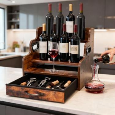 Imagem de BoyTwimb Prateleira de exibição de garrafa de licor de 3 camadas com gavetas - comporta 12 garrafas e 36 xícaras K, rack de vinho de mesa, rack de xarope de café, para minibar, uísque, armazenamento