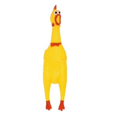 Imagem de Brinquedo Galinha de Borracha para Cachorro, Amarelo, Mordedor Sonoro com Apito, 15 cm, Aromatizado com Sabor Bacon, Entretenimento para Cães