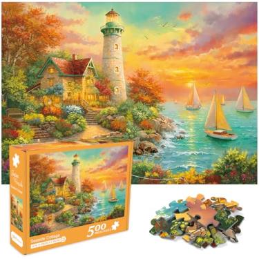 Imagem de crowm Quebra-cabeça de 500 peças para adultos, quebra-cabeças à beira-mar para a família, jogo desafiador, farol, pôr do sol, quebra-cabeça, mar, natureza, paisagem, decoração de parede para casa