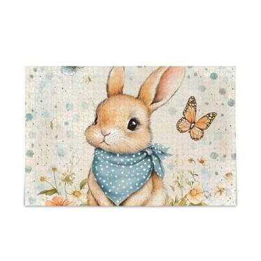 Imagem de Quebra-cabeça de 1000 peças de coelho fofo borboletas azuis de madeira e papel com bolsa de armazenamento para adultos