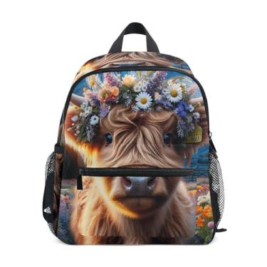 Imagem de GAIGEO Highland Cow Calf Floral Starry Night Small Toddler Backpack Kindergarten Backpack for Girls with Front Pocket, Safety Whistle for Ages 3-8