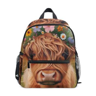 Imagem de GAIGEO Highland Cow Floral Calf Small Kids Backpack, 10x4x12 In, Mini Backpack for Girls Includes Water Bottle Pockets, Whistle Clip for Safety