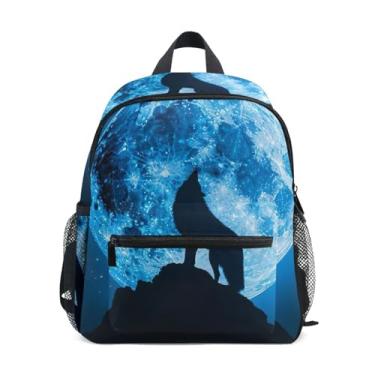 Imagem de GAIGEO Howling Wolf Moon Night Backpack for Kids, 10x4x12 In, Mini Backpack for Boys Includes Water Bottle Pockets, Whistle Clip for Safety