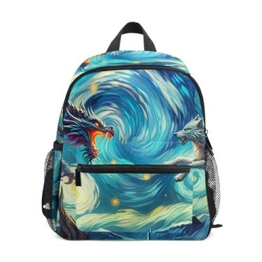 Imagem de GAIGEO Dragon Wolf Starry Night Backpacks for Toddlers 10x4x12 In, Backpack for Toddler Boys with Water Bottle Pockets, Whistle Buckle