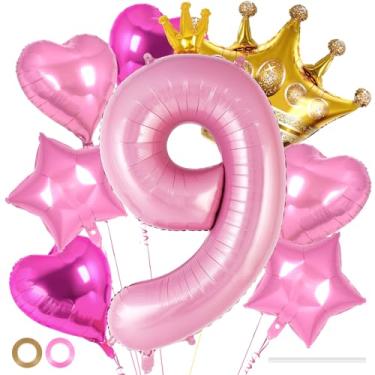 Imagem de Balões de aniversário de princesa, conjunto de balões rosa com coroa número 9 de 101 cm, coroa de estrela de coração, balões de alumínio para meninas, decoração de festa de 9º aniversário, suprimentos