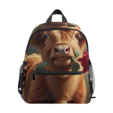 Imagem de GAIGEO Cute Highland Cow Calf Flowers Kids Mini Backpack, 10x4x12 In, Toddler Girl Backpack Includes Water Bottle Pockets, Whistle Clip for Safety