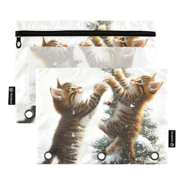 Imagem de GAIGEO Bolsa de lápis para fichário de 3 anéis, gato vívido, fofo, árvore de Natal, fichário com zíper, sacos engraçados, bolsos escolares transparentes, tecido 25 x 18 cm, 2 pacotes