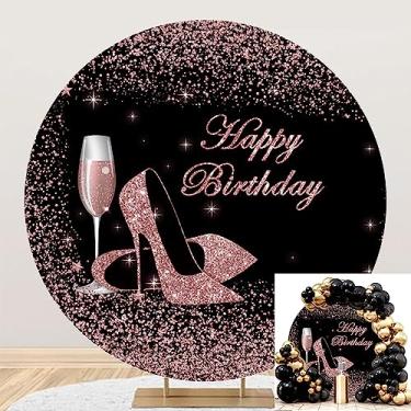 Imagem de Leyiyi 2,2 x 2,3 m preto e ouro rosa feliz aniversário pano de fundo redondo ouro rosa glitter salto alto champanhe diamante fotografia fundo para meninas mulheres decoração de festa de aniversário adereços de estúdio fotográfico