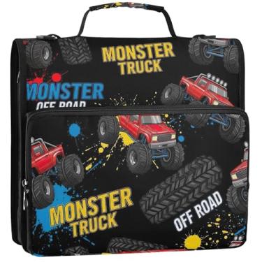 Imagem de Monster Trucks Vibrantes Red 3 1/2 polegadas 3 anéis organizador de fichário com zíper bolsa de fichário com alça para portfólio de documentos escolares e estojo suporte de pasta de anel 34,5 x 31,5 x