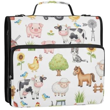 Imagem de Lindo organizador de fichário de animais de fazenda em aquarela com zíper com 3 argolas de 3,5 cm, bolsa escolar com alça de ombro, estojo de armazenamento com alça, 34,5 x 31,5 x 8,9 cm