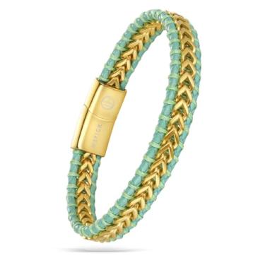 Imagem de WP WEPICK Pulseira masculina de couro trançado banhado a ouro 18 quilates para homens e mulheres Franco fecho de aço inoxidável joia presente 20 cm, 8.5 inch, Sem Pedra Preciosa