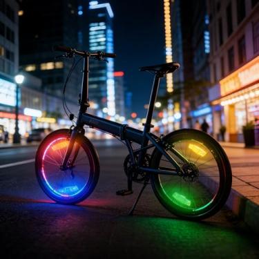 Imagem de HANZE Luzes de roda de bicicleta recarregáveis, luzes de LED e refletores de raio de bicicleta de 9 cores, 21 modos de iluminação, sensor de movimento liga/desliga automático, acessórios de equitação