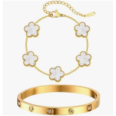 Imagem de Pulseiras femininas empilháveis de ouro branco floral - 2 peças, pulseira banhada a ouro 18 K, pulseiras de aço inoxidável, conjunto de pulseiras de ouro, joias modernas, presentes de aniversário de