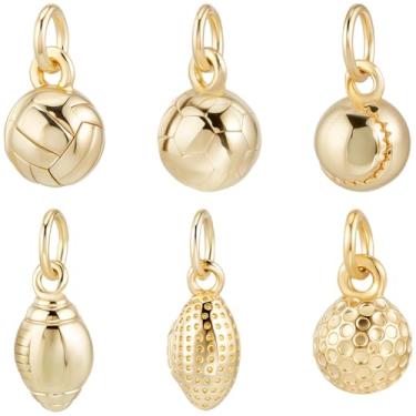 Imagem de Beebeecraft 1 caixa, 12 peças, pingentes de bola de latão banhado a ouro 18K, 6 estilos de rúgbi/redondo/voleibol/futebol com anel de salto para fabricação de joias
