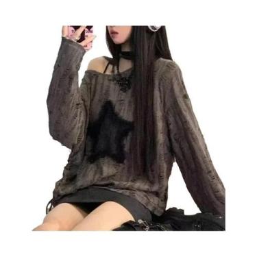 Imagem de Camiseta Feminina Oversized Y2K Com Estampa De Estrela, Manga Longa, E