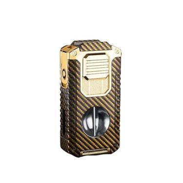 Imagem de JDIME Isqueiro portátil multifuncional com suporte de cigarro em forma de V para cortador de charutos, Gentleman's Taste(fibra de carbono dourada)