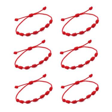 Imagem de LJJCSFF 6 peças, 7 nós, pulseira vermelha, corda tecida, pulseiras budistas, pulseiras vermelhas para proteção, boa sorte, fio vermelho, amuleto do destino
