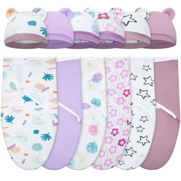 Imagem de Ramede Pacote com 6 cobertores para bebês com chapéus para dormir de 0 a 3 meses, sacos de algodão macio para meninas e meninos (árvore, roxo)