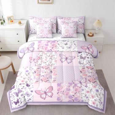 Imagem de Erosebridal Conjunto de edredom completo de 7 peças com estampa de borboleta roxa e flores em uma bolsa para quarto, bolinhas, rosa e branco, para decoração de quarto de crianças e mulheres